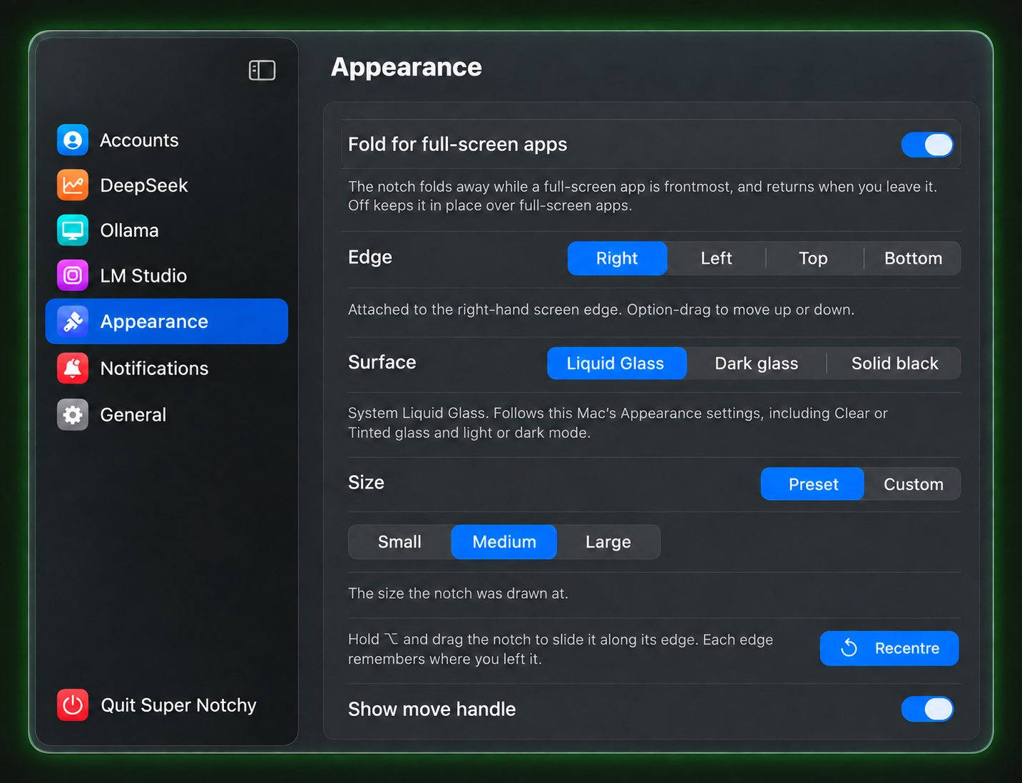 Premium recreation of Super Notchy Appearance settings. Right edge, Liquid Glass, Medium size, and full-screen folding are selected.