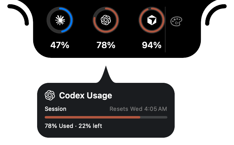 Hovering the Codex ring: a card showing the session limit, how much is used, and when it resets