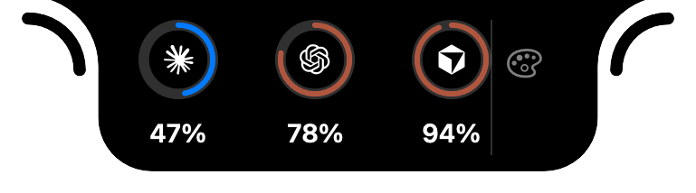 The notch unfolded at the top of the screen: three provider rings with their percentages and the palette button