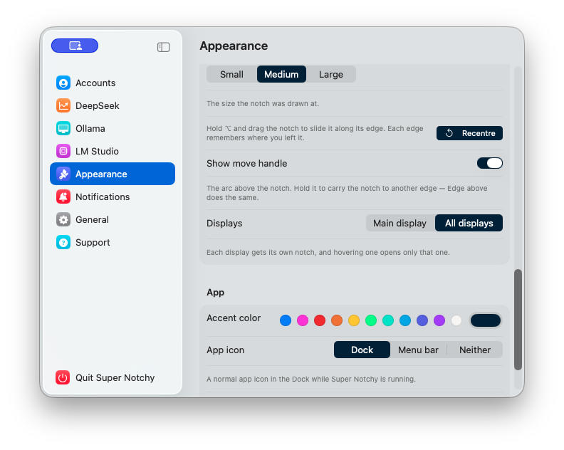 Current Appearance settings showing the accent color swatches and custom color picker