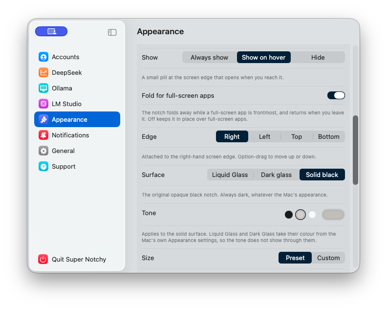 Current Appearance settings with Solid black selected as the notch surface and tone controls below
