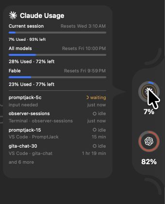 Claude hover with usage windows, reset times, and session activity