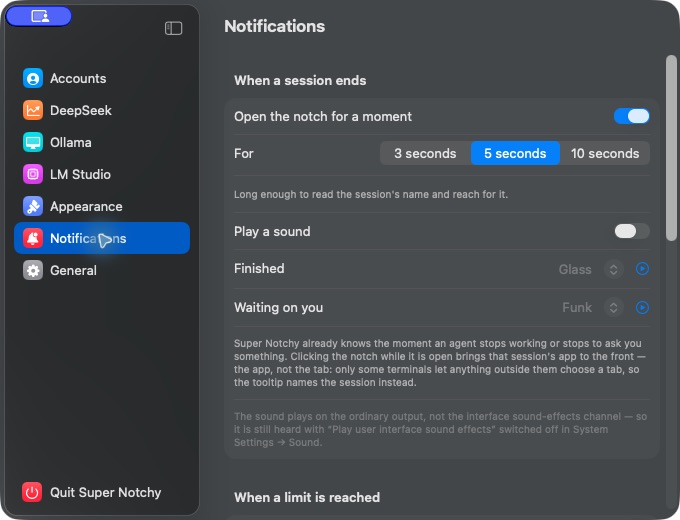 The Notifications pane of Settings